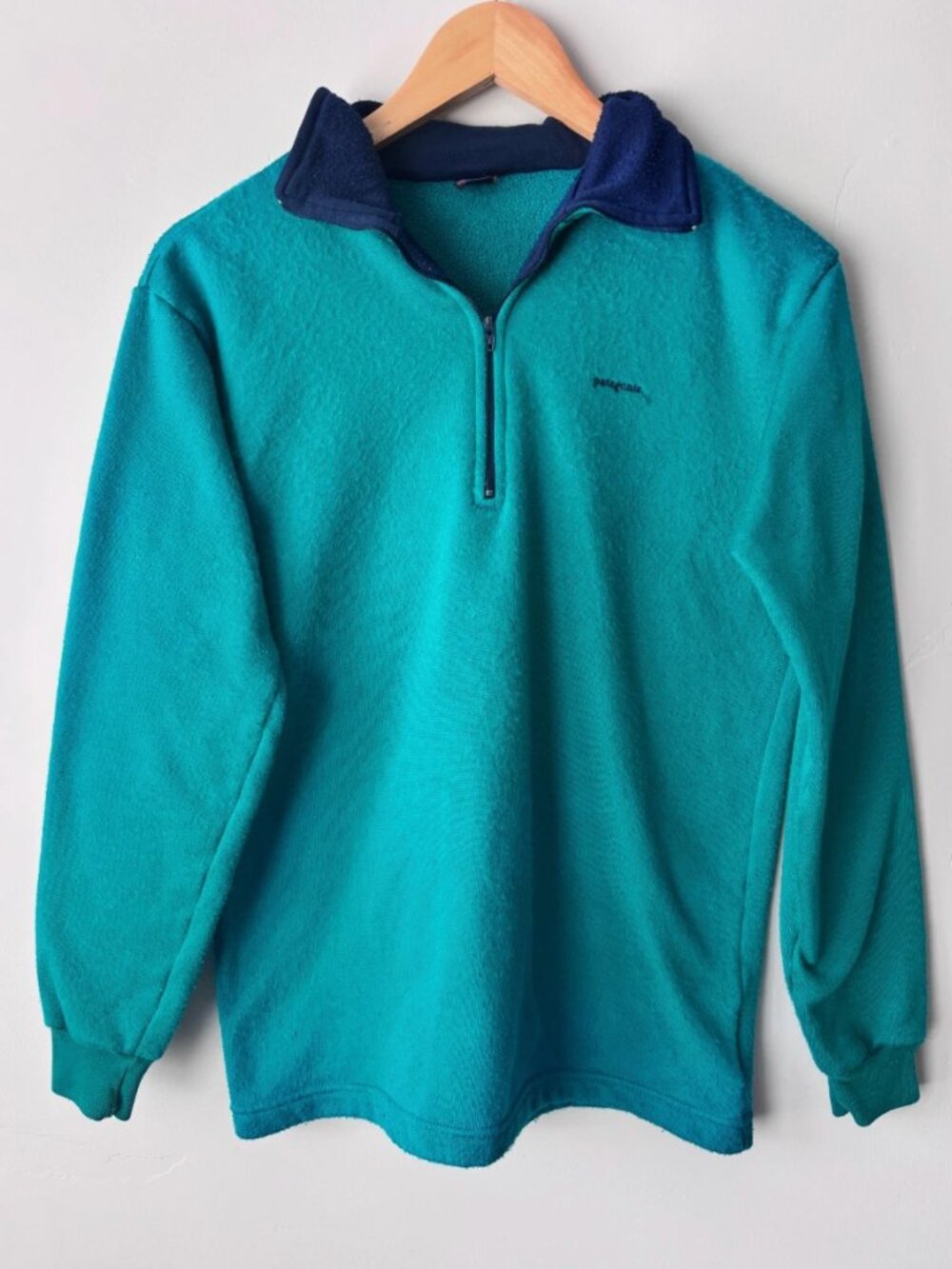 Vintage 90s Patagonia Capilene Fleece Pullover Mens M Contrast Teal Navy 1/4 Zip